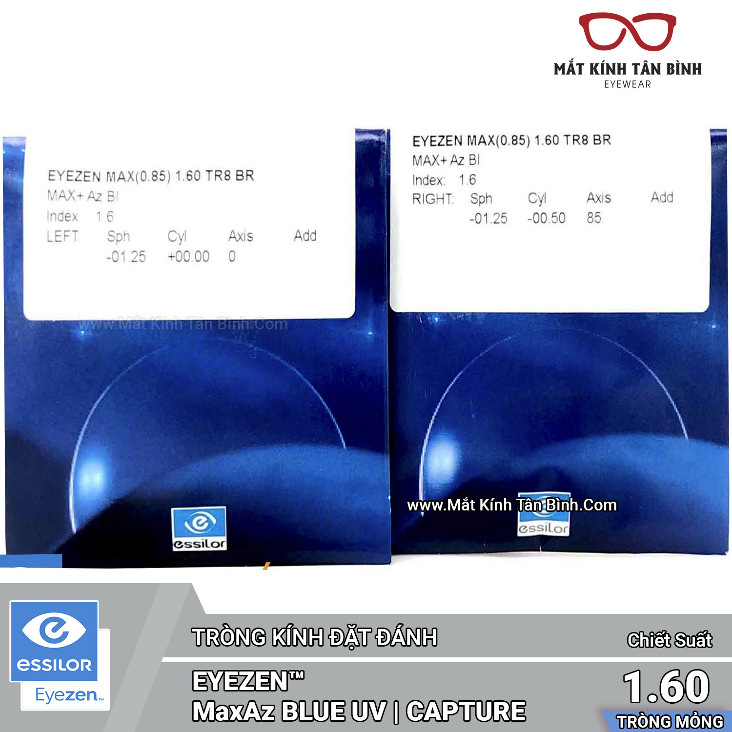 TRÒNG KÍNH Essilor 1.60 Eyezen® MaxAz BlueUV-Capture Chính Hãng ( Tròng Đặt)