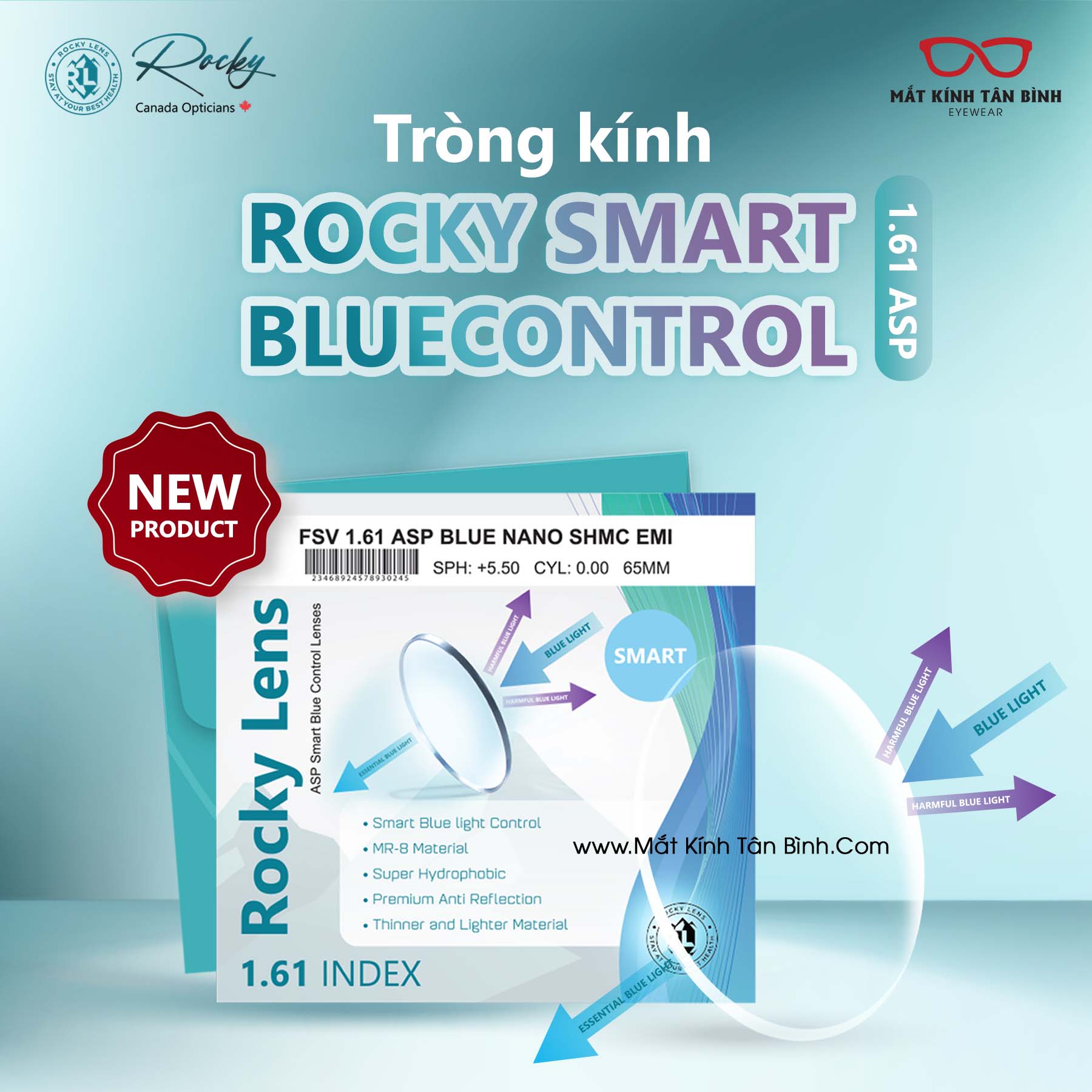 TRÒNG KÍNH ROCKY 1.61ASP SMART BLUE CONTROL/Sapphire Crystal Chính Hãng